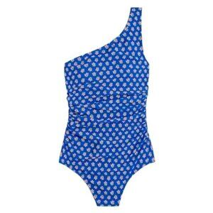 New J. Crew Printed Ruched One Shoulder Swimsuit Sz Medium Blue Vacation Resort